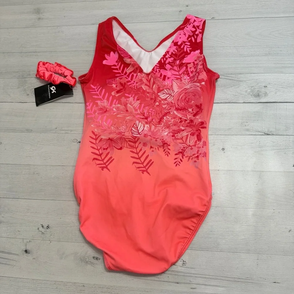 GK Flowers In The Wild Workout Leotard with scrunchie‎ adult medium NEW